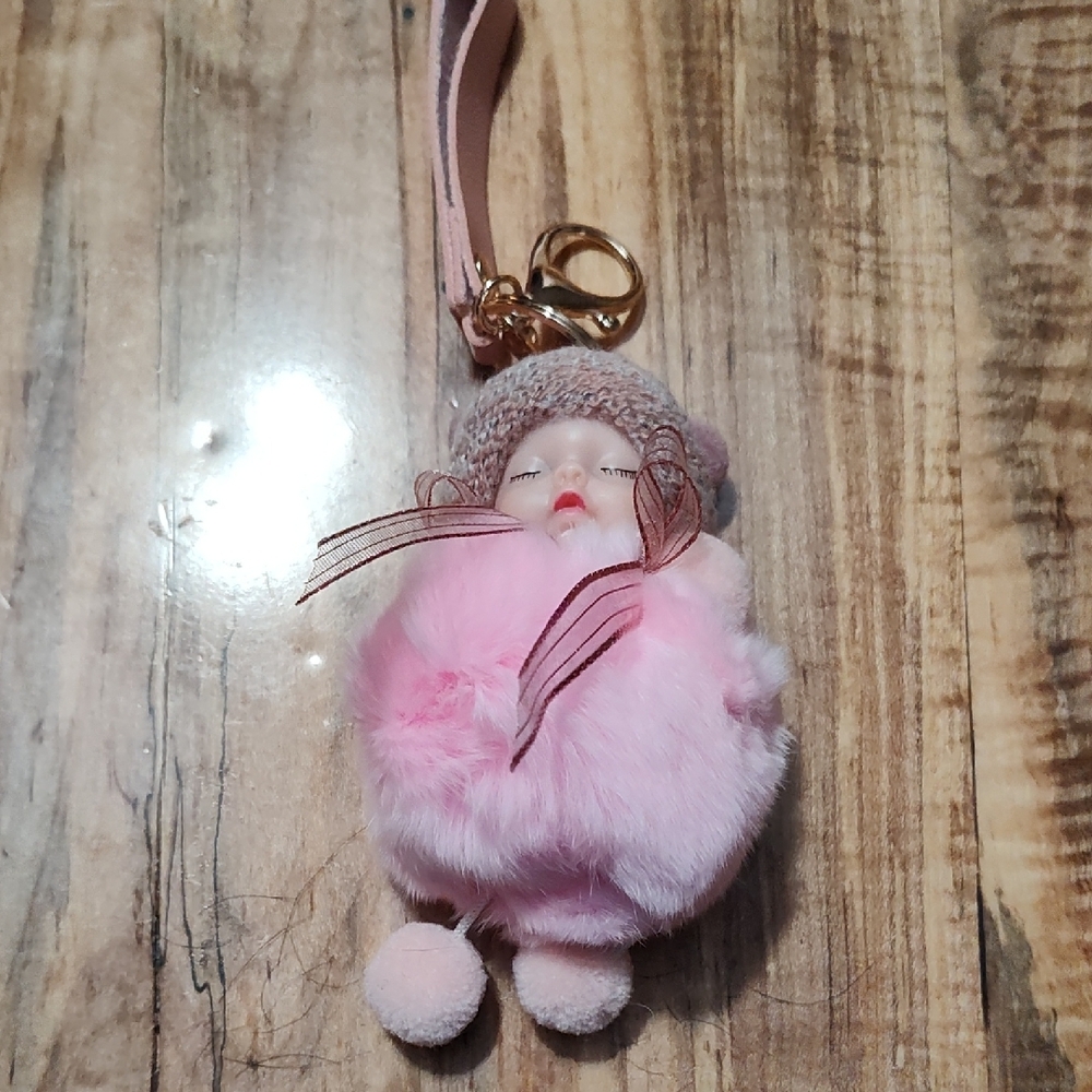 Pink Fluffy Keychain with Baby Doll Charm